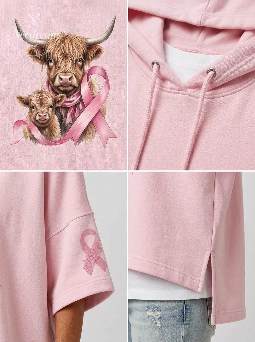 Women's Breast Cancer Awareness Highland Cow Printed Hoodie