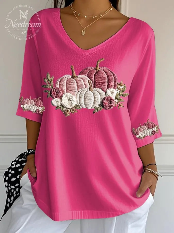 Women's Casual Autumn Pumpkin Bubble Wrinkle Top