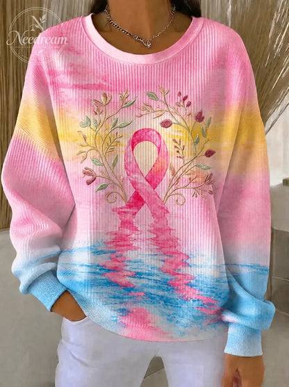 Women's Breast Cancer Awareness Floral Ribbon Printed Sweatshirt