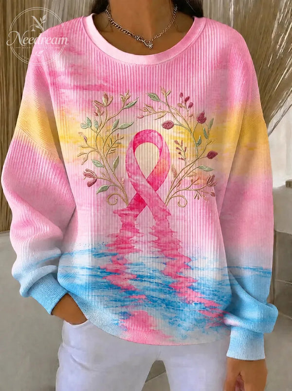 Women's Breast Cancer Awareness Floral Ribbon Printed Sweatshirt