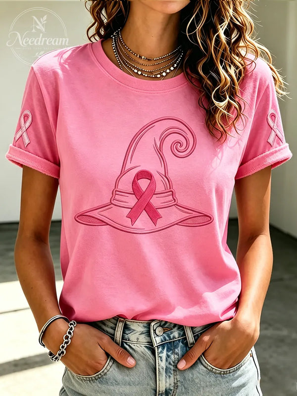 Women'S Pink Ribbon Cat Print Breast Cancer Awareness Short-Sleeved T-Shirt