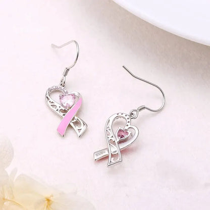 Pink Heart-Shaped Ribbon Shaped Diamond Studded Heart-Shaped Earrings