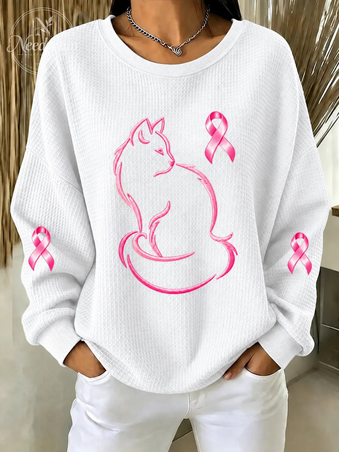 Women'S Breast Cancer Cat Print Sweatshirt