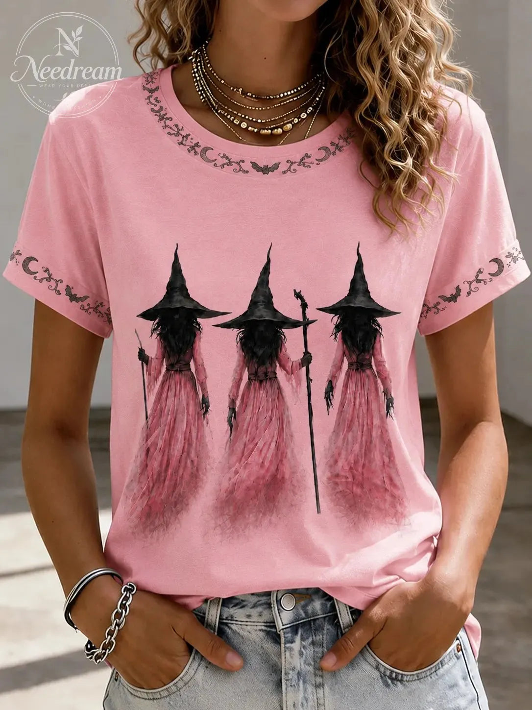 Women'S Retro Halloween Pink Witch Print Casual T-Shirt