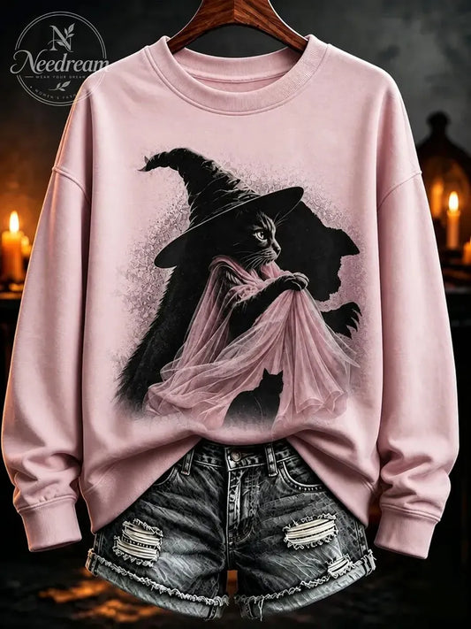 Women'S Breast Cancer Halloween Witch Cat Print Sweatshirt