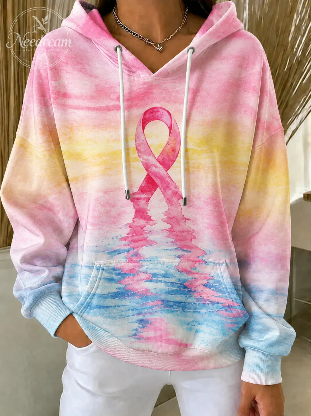 Women'S Breast Cancer Awareness Print Long Sleeve Hooded Sweatshirt