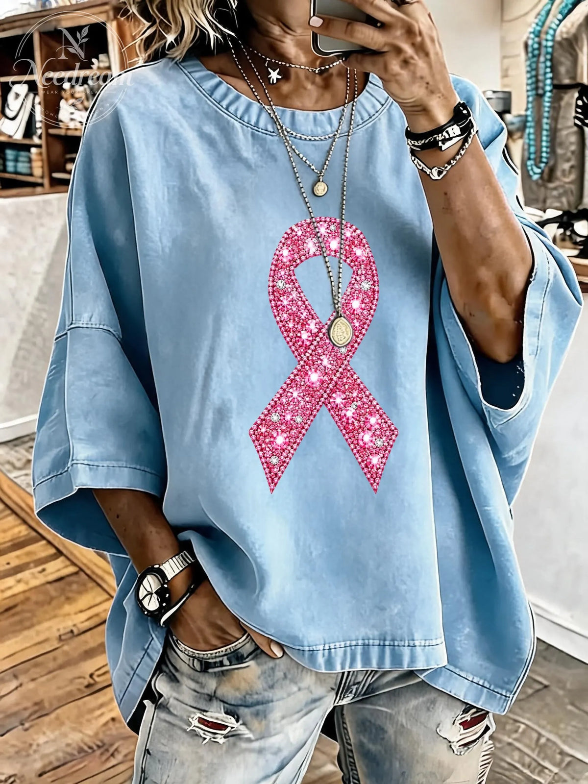 Women's Breast Cancer Awareness Pink Ribbon Distressed Washed Oversized T-Shirt