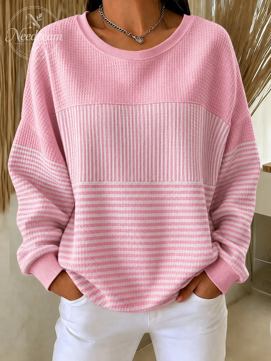 Women'S  Pink Art Patchwork Waffle Sweatshirt