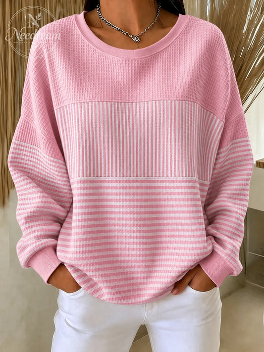 Women'S  Pink Art Patchwork Waffle Sweatshirt
