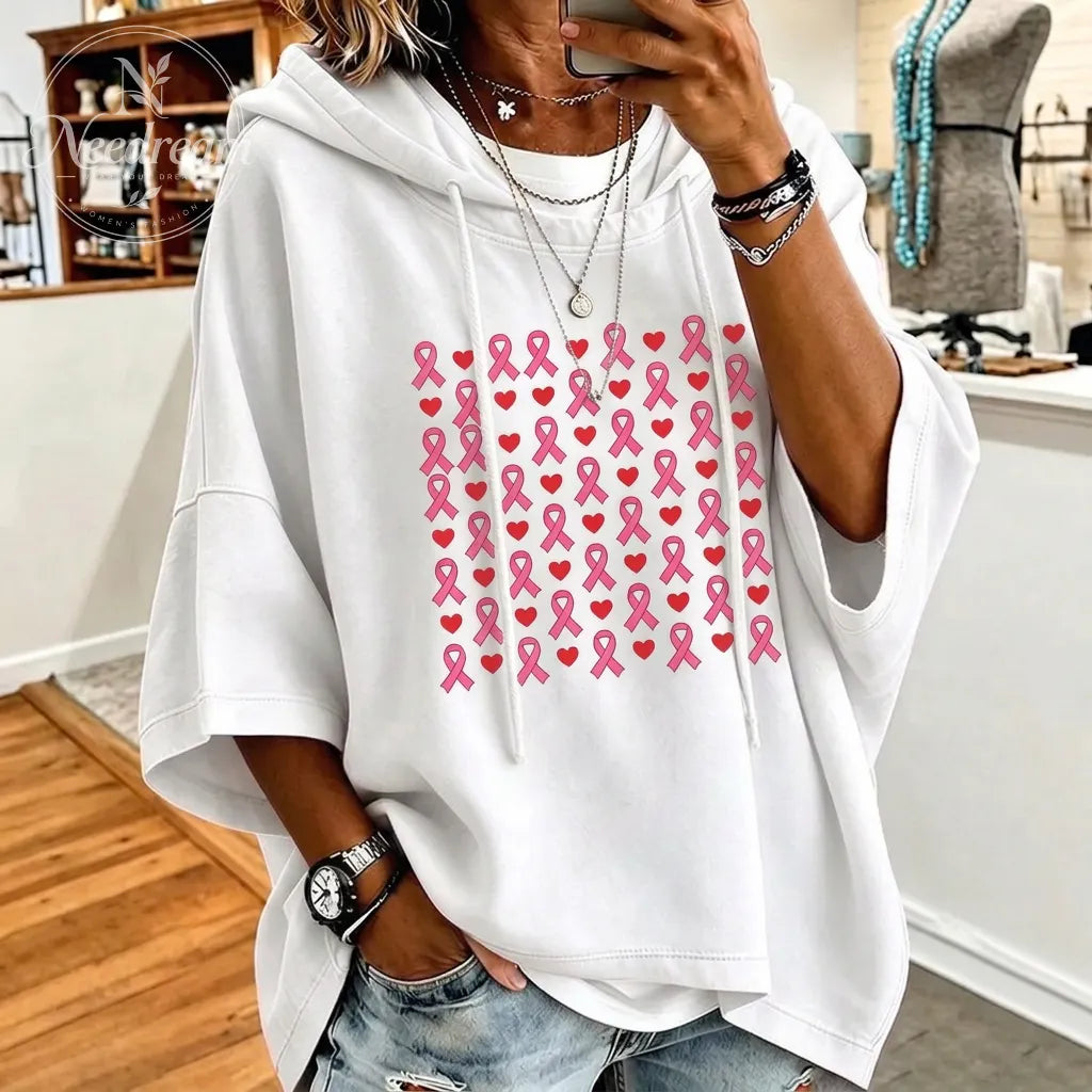Women's Breast Cancer Awareness Pink Ribbon Heart Printed Hoodie