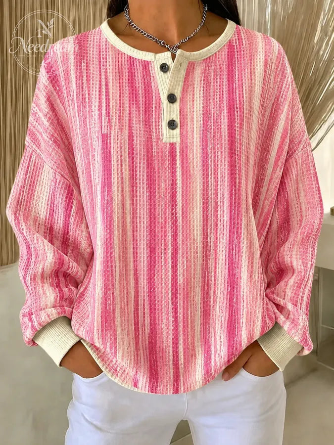 Women Color Block Henley Collar Casual Long Sleeve Sweatshirt