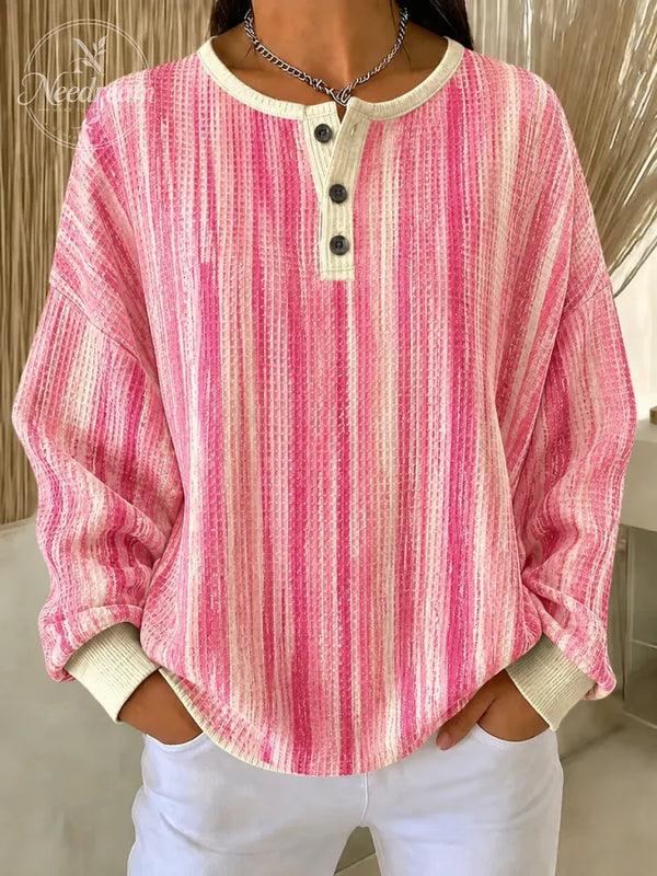 Women Color Block Henley Collar Casual Long Sleeve Sweatshirt
