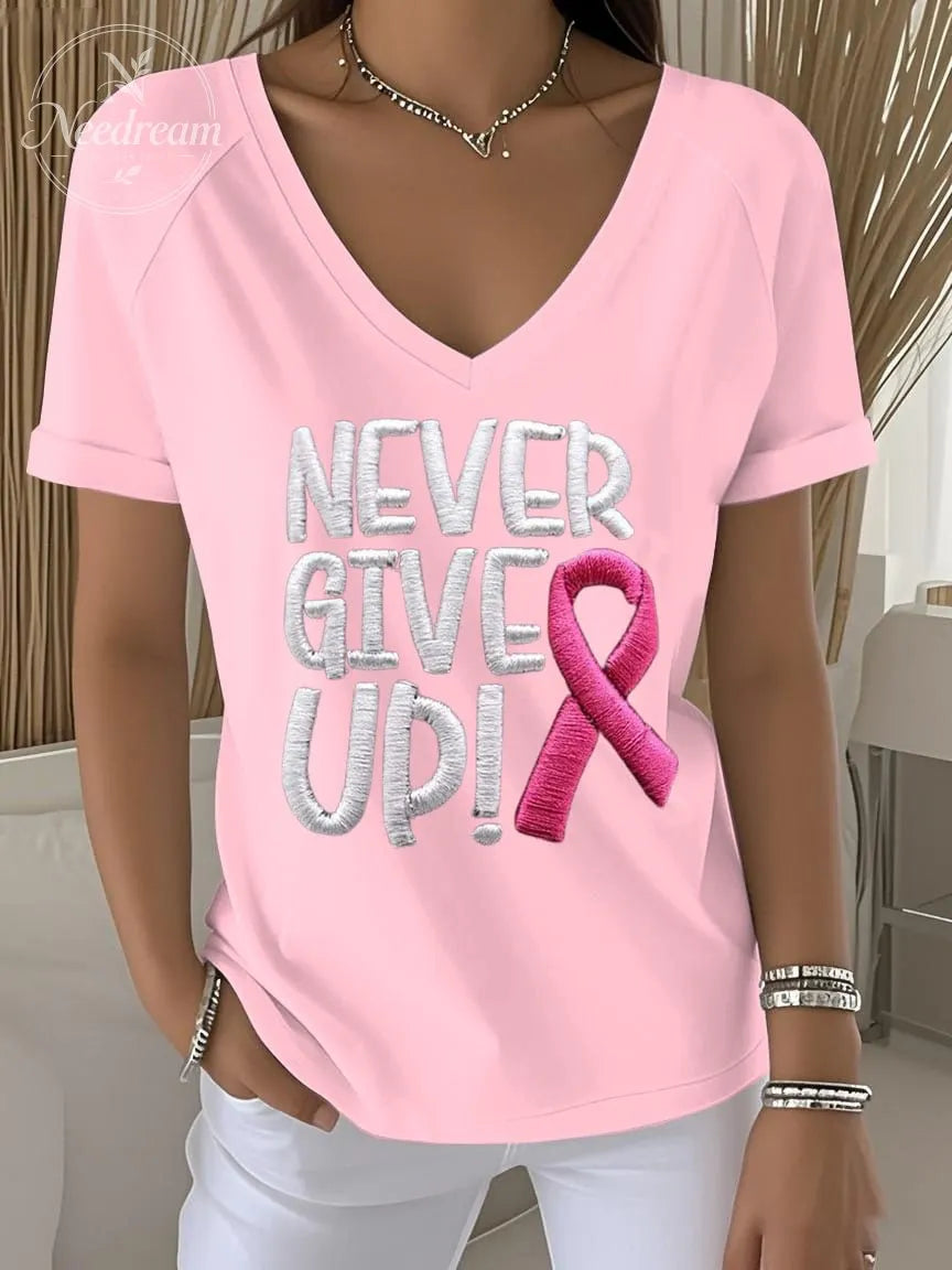 Women's Retro Never Give Up Breast Cancer Awareness Printed Raglan V-Neck T-Shirt