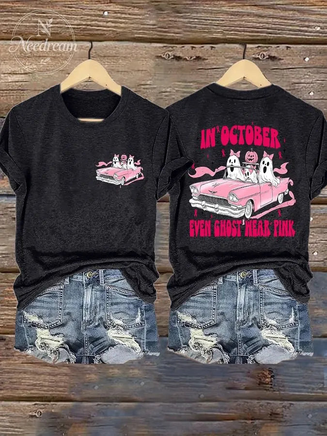 Retro Breast Cancer Awareness Halloween In October Even Ghost Wear Pink Print T-Shirt