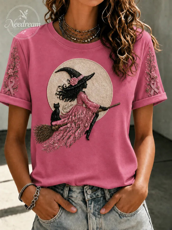 Women'S Pink Witch-Themed Printed Casual T-Shirt