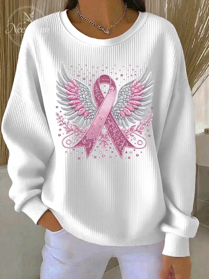 Women'S Pink Ribbon Print Casual Sweatshirt