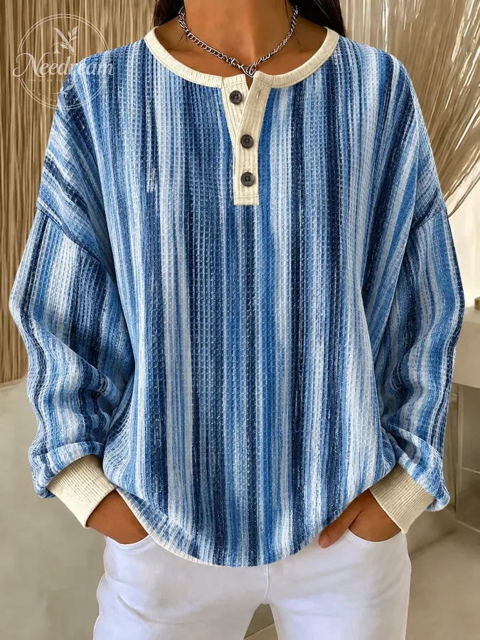 Women Color Block Henley Collar Casual Long Sleeve Sweatshirt
