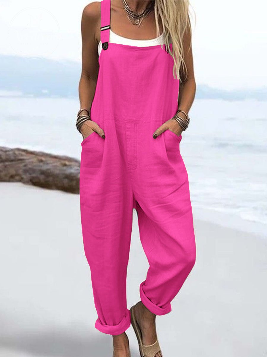 Wome's Vacation Retro  Casual Cotton Linen Wide Leg Jumpsuit