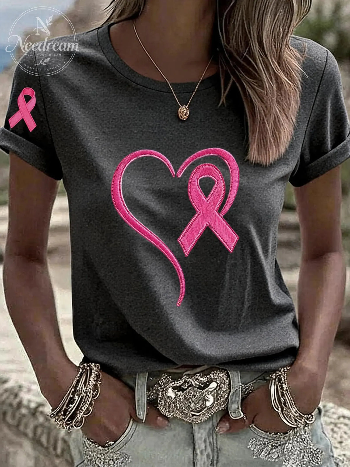 Women'S Breast Cancer Awareness Heart Ribbon Round Neck 100% Cotton T-Shirt