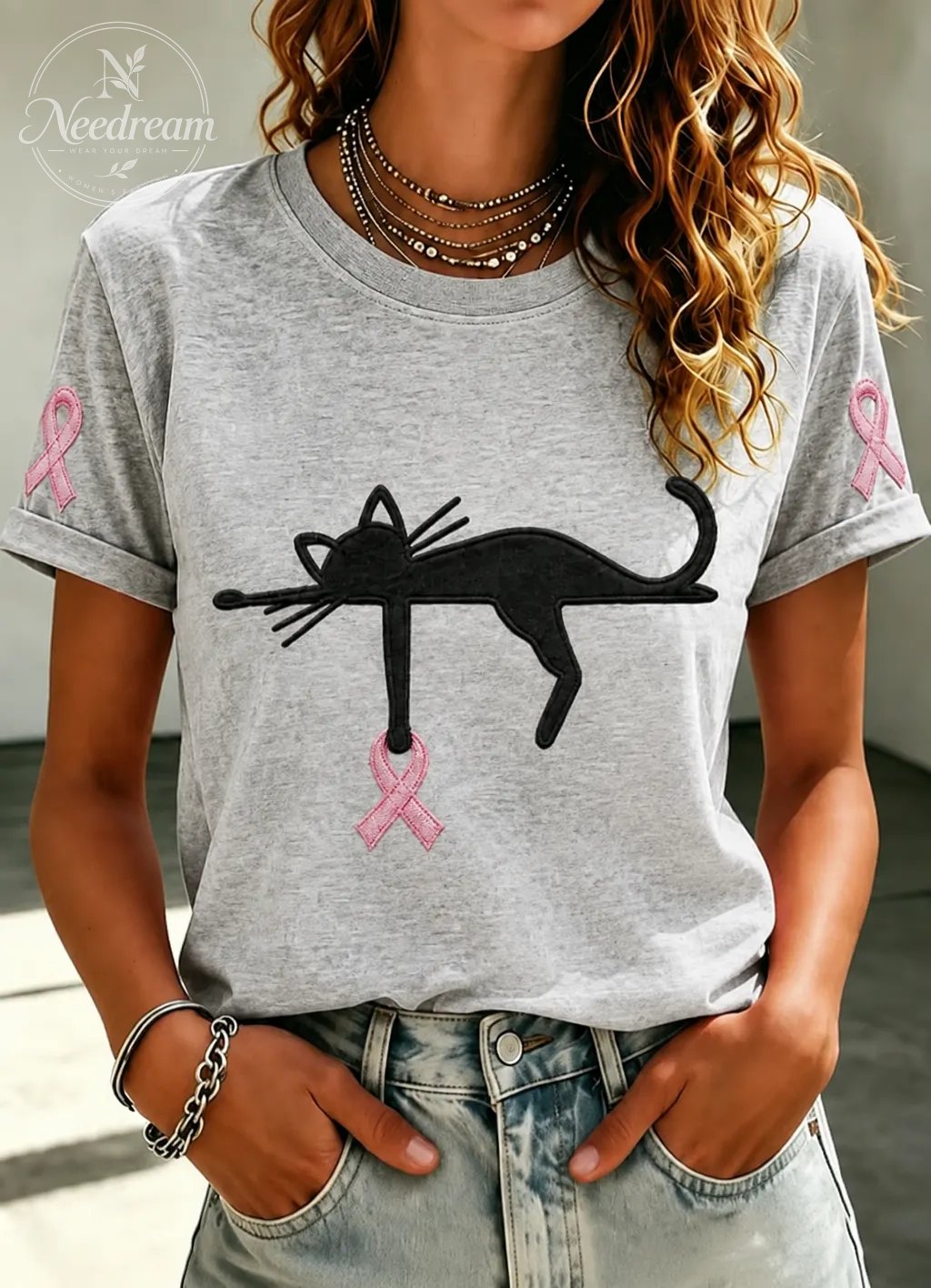 Women'S Cat And Pink Ribbon Round Neck 100% Cotton T-Shirt