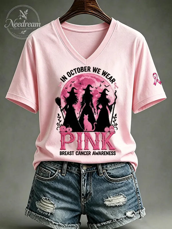 Women's Casual Breast Cancer Witch Printed T-Shirt