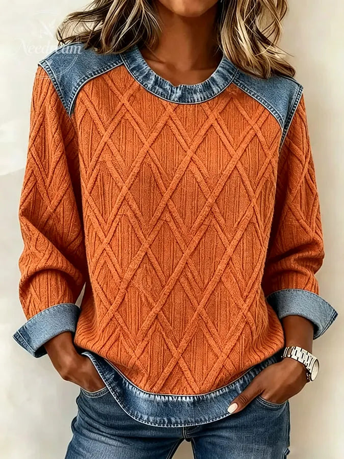 Women's Elegant Regular Fit Contrast Stitching Sweatshirt