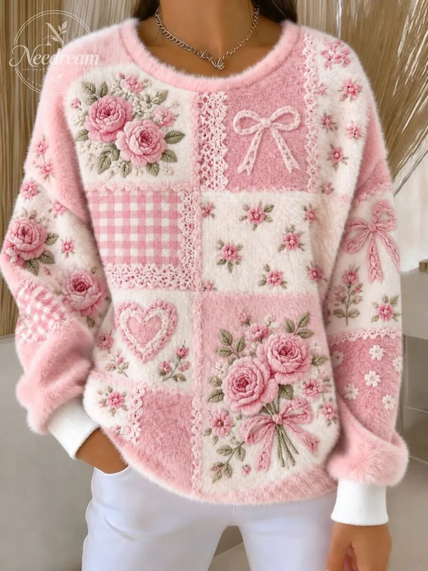 Women's Retro Floral Patchwork Fuzzy Sweater