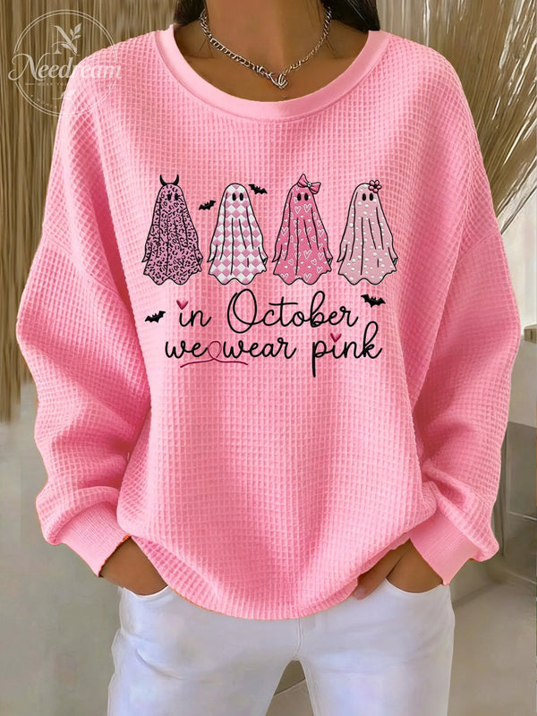 Women's Casual Pink Ghost Breast Cancer Waffle Multicolor Autumn and Winter Sweatshirt