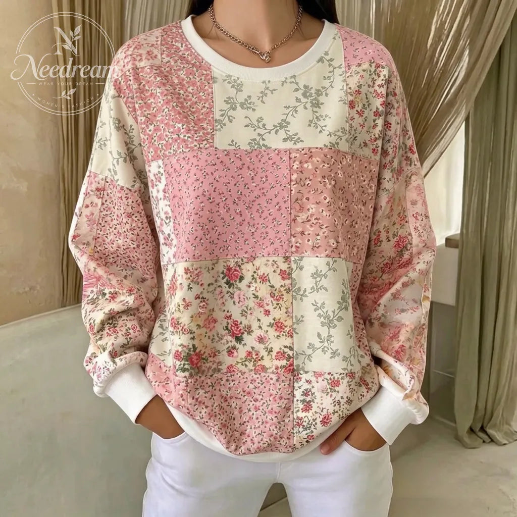 Women's Breast Cancer Awareness Pink Floral Patchwork Printed Sweatshirt