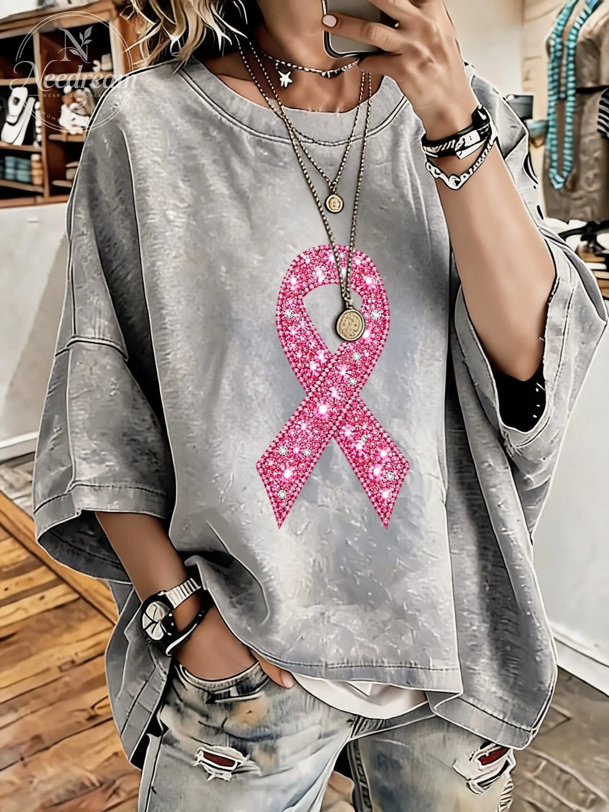 Women's Breast Cancer Awareness Pink Ribbon Distressed Washed Oversized T-Shirt