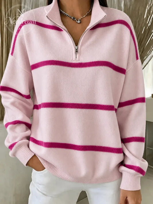 Women Striped Half Open Collar Casual Spring/Fall Long Sleeve Sweatshirt