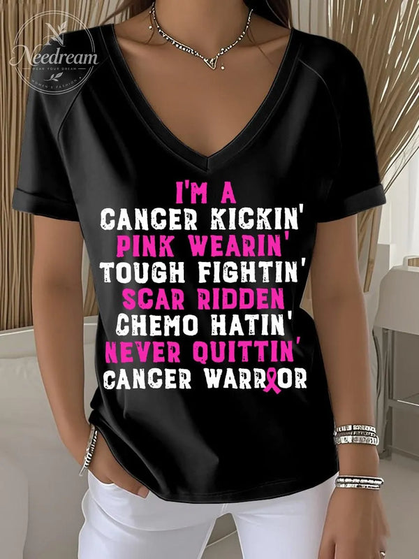 Women's Retro Breast Cancer Awareness Cancer Kickin' Chemo Hat In' Warrior Printed Raglan V-Neck T-Shirt