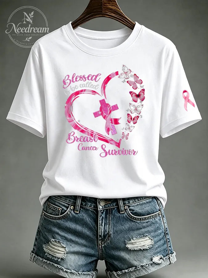 Women's Pink Butterfly Blessed To Be Called Breast Cancer Survivor T-Shirt