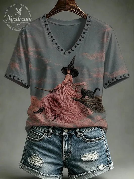 Women's Halloween Breast Cancer Pink Printed V-neck T-shirt