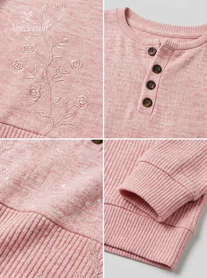 Women's Breast Cancer Awareness Pink Rose Embroidered Buttoned Sweatshirt