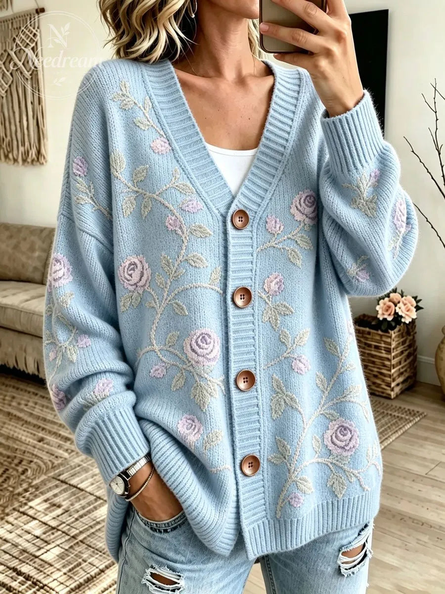 Women's Vintage Floral Embroidery V‐Neck Knit Cardigan