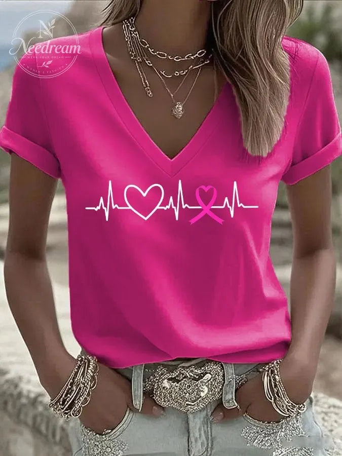 Women's Breast Cancer Love Ribbon Print Casual T-shirt