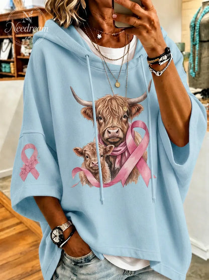 Women's Breast Cancer Awareness Highland Cow Printed Hoodie