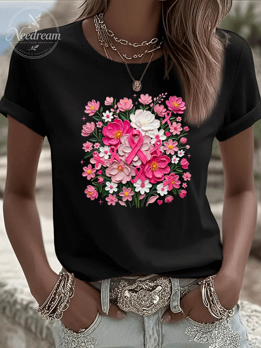 Women's  We Wear Pink Flower Pattern Round-Neck 100% Cotton T-Shirt