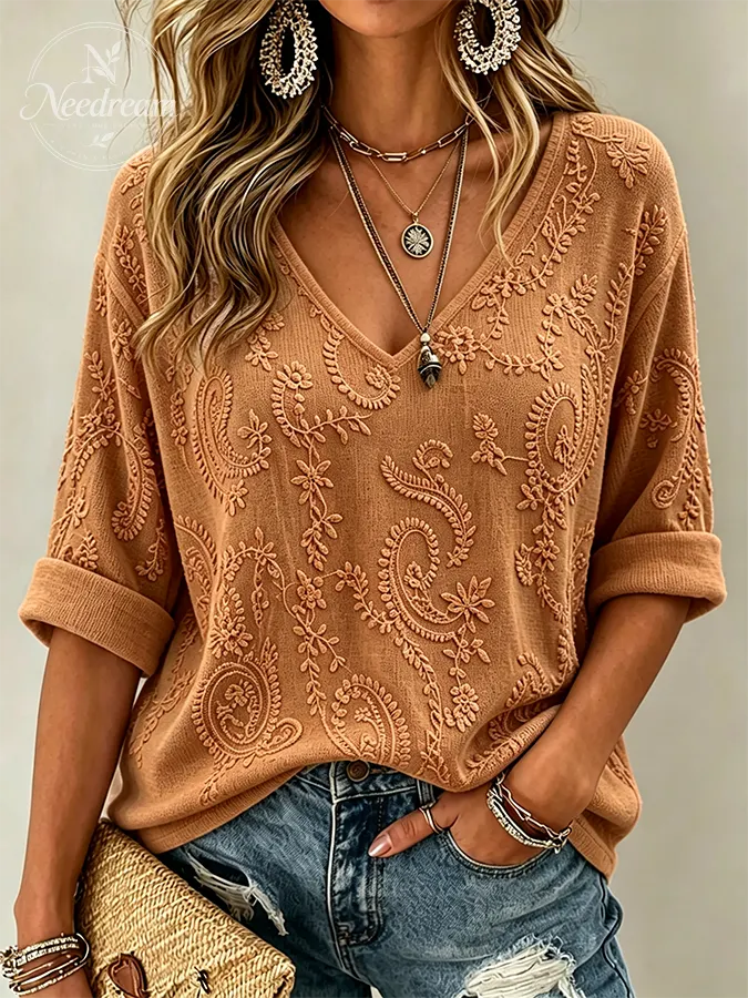 Women Flower Waffle V-neck Print Top