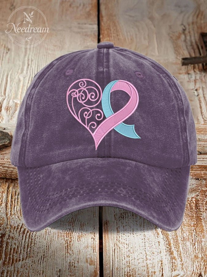 Unisex Distressed Washed Cotton Breast Cancer Ribbon Heart Printed Hat