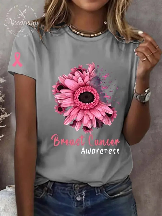 Women's Breast Cancer Printed Crew Neck Short Sleeve T-Shirt