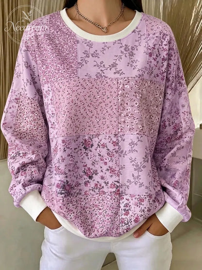 Women's Breast Cancer Awareness Pink Floral Patchwork Printed Sweatshirt