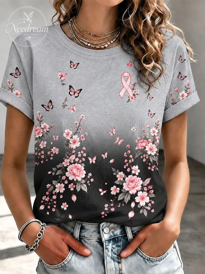 Women'S Pink Floral Butterfly Print Round Neck Short Sleeved T-Shirt
