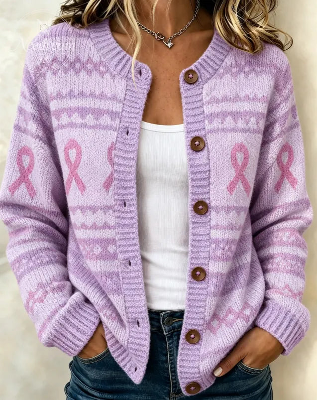 Women's Pink Gradient Casual Long-Sleeve Knit Cardigan