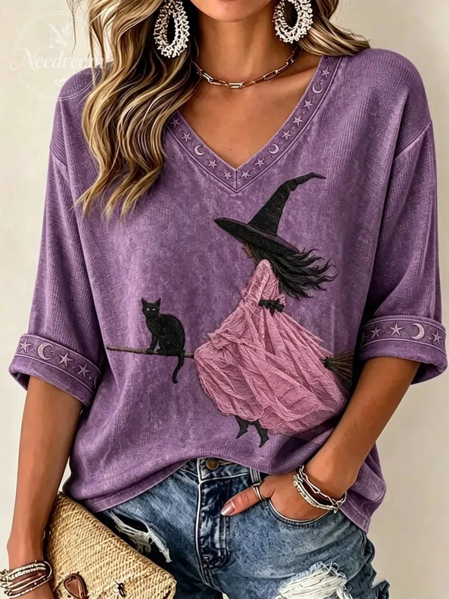 Women'S Pink Witch-Themed Print Waffle V-Neck Top