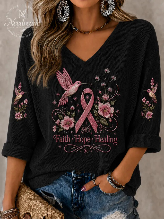 Women'S Breast Cancer Art Printed V-Neck Top