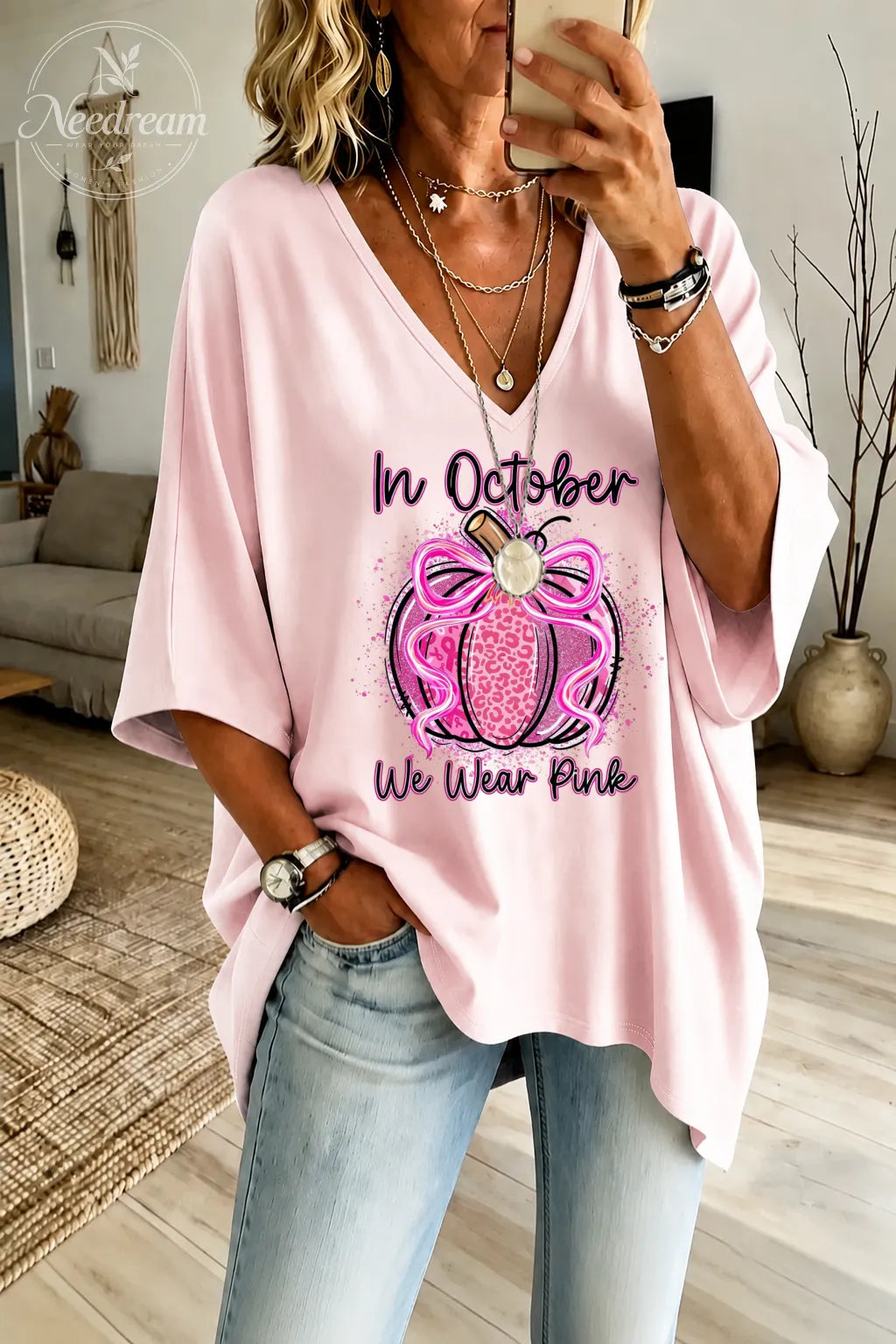 Women's  "In October We Wear Pink" Loose-Fit Pure Cotton V-Neck T-Shirt