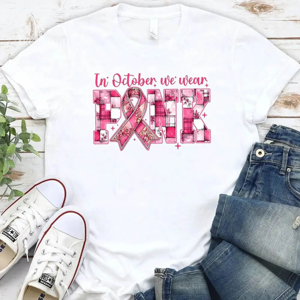 Women's Vintage In October We Wear Pink  Pattern Round-Neck T-Shirt