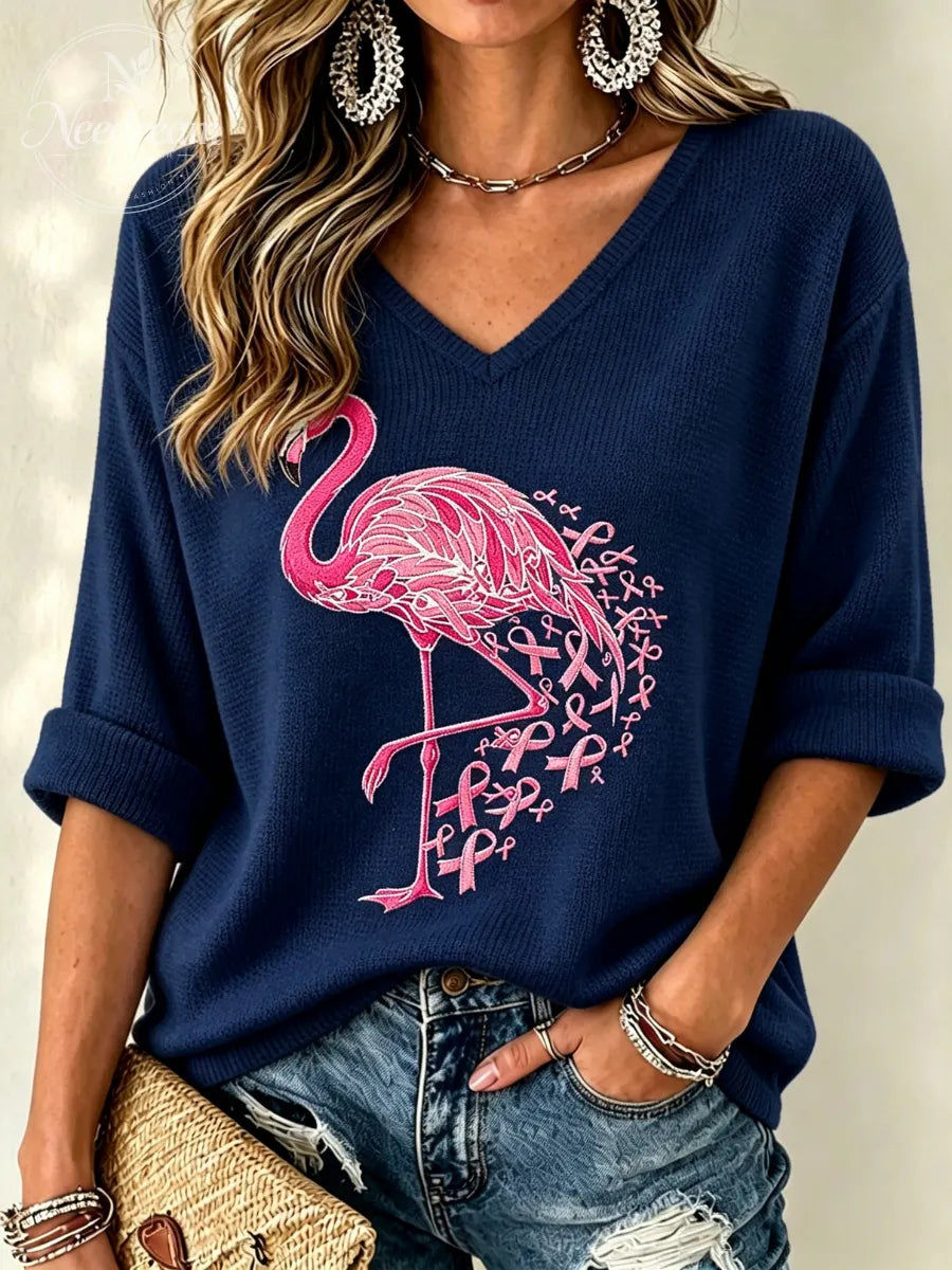 Women's Pink Flamingo Print Waffle V-Neck Top